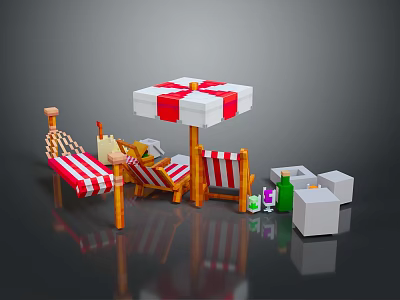 Pixel Art Beach Leisure Setup With Hammock Deck Chairs Umbrella Bottles And Blocks 3d model