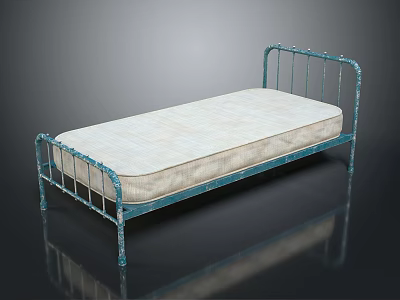 Single Bed with Blue Metal Frame and Light Colored Mattress in Simple Modern Design 3d model