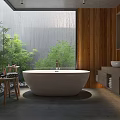 Modern Hotel Bathroom With White Bathtub Double Sinks Wooden Walls Large Window And Greenery View