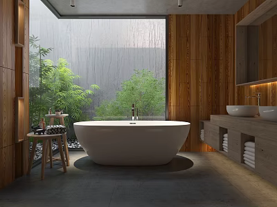 Modern Hotel Bathroom With White Bathtub Double Sinks Wooden Walls Large Window And Greenery View 3d model