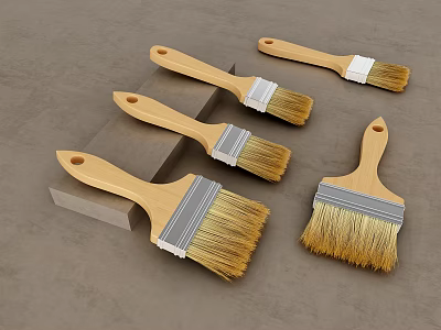 Hardware Tools Brushes With Wooden Handles And Yellow Bristles On Gray Surface 3d model