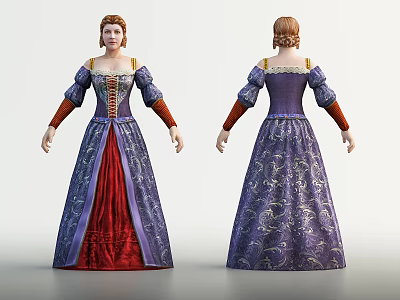 Game Movie Character In Purple Dress With Red Sleeves Patterned Corset Front Back View 3d model