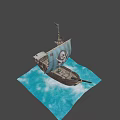 Pirate Ship With Blue Sail Skull and Crossbones Flag Wooden Hull on Waves