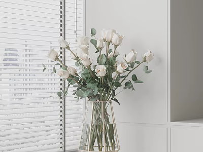 White Roses With Greenery In Transparent Golden Frame Vase On White Cabinet By Window Blinds 3d model