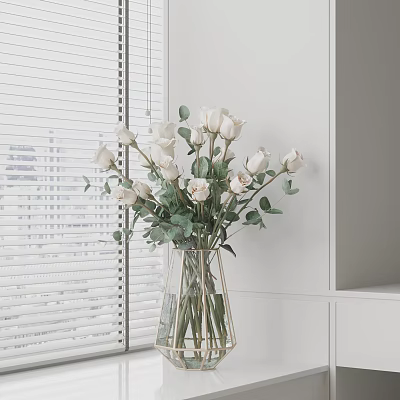 White Roses With Greenery In Transparent Golden Frame Vase On White Cabinet By Window Blinds 3d model