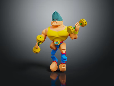 Muscular Game Movie Character With Spiky Blue Hair Yellow Shirt Blue Pants And Yellow Dumbbells 3d model
