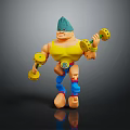 Muscular Game Movie Character With Spiky Blue Hair Yellow Shirt Blue Pants And Yellow Dumbbells