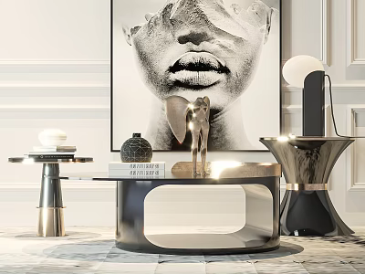 Modern Round Glass Coffee Table With Silver Metal Frame Sculpture And Painting 3d model