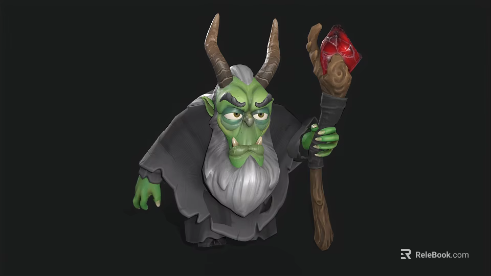 Evil Game Movie Wizard Character With Green Skin Horns White Beard And Red Gem Staff 3d model 