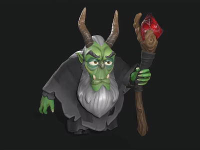 Evil Game Movie Wizard Character With Green Skin Horns White Beard And Red Gem Staff 3d model
