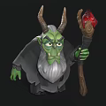 Evil Game Movie Wizard Character With Green Skin Horns White Beard And Red Gem Staff
