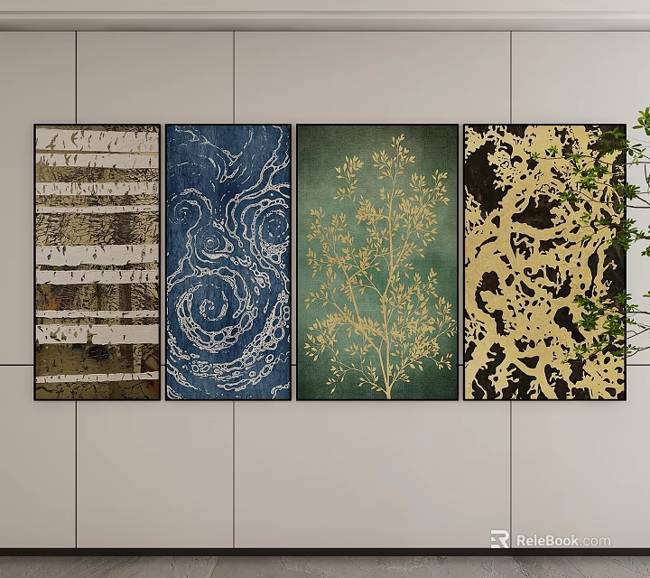 Modern Abstract Paintings With Gold Tree Branches Blue Swirls And Green Wall Decor 3d model 