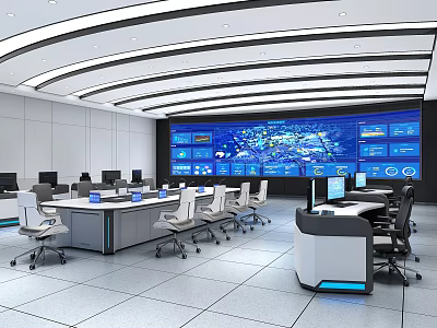 Modern High Tech Monitoring Room Interior With Large Digital Screens Control Desks And Ergonomic Chairs 3d model