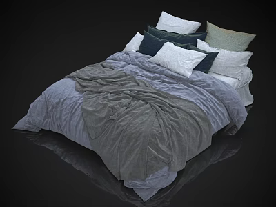 Double Bed with Gray and Light Gray Velvet Duvet and Multi Colored Pillows Setup 3d model
