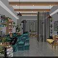 Cozy Shopping Mall Store With Pink Walls Green Plants Blue Sofas And Hanging Lights