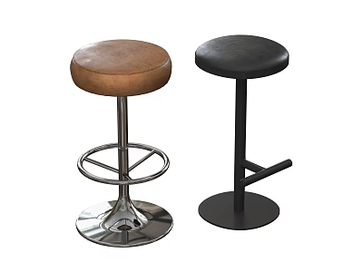 Modern Two Tone Brown Black Leather Bar Stools With Round Seat Metal Base Design 3d model