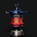 Traditional Chinese Style Chandelier With Blue Pagoda Roof Red Lattice Body And Silver Base