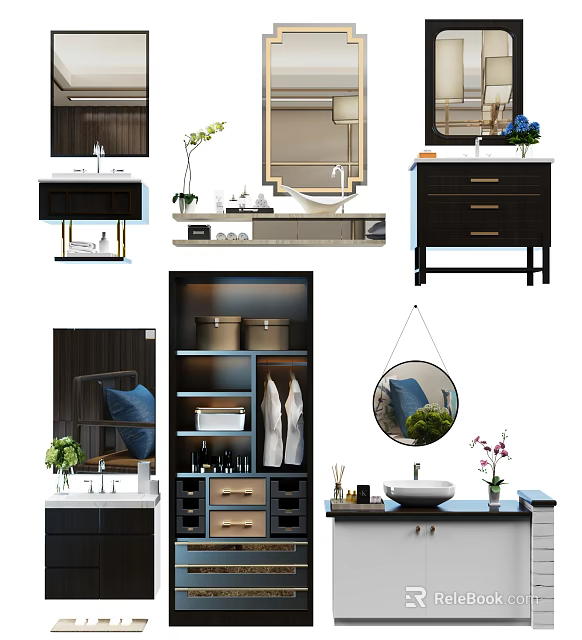 Modern Bathroom Vanity Designs With Storage Drawers Mirror And Plants 3d model 