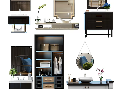 Modern Bathroom Vanity Designs With Storage Drawers Mirror And Plants 3d model
