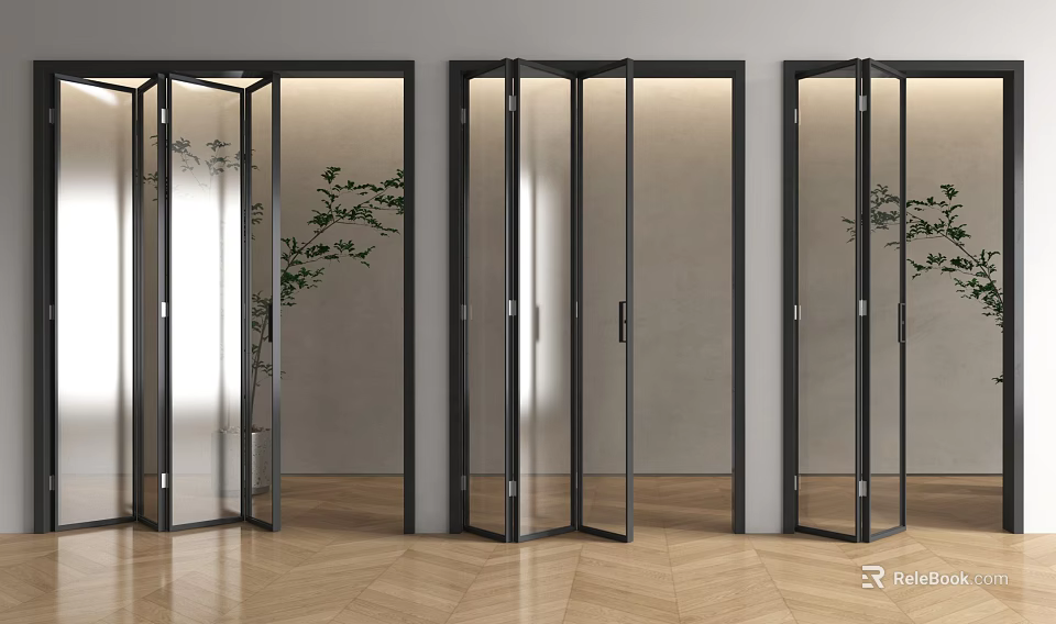Modern Interior Folding Doors With Black Frame Glass Light Walls Wooden Floor And Green Plant 3d model 