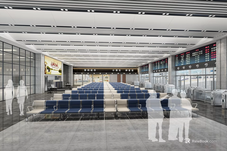 Spacious Modern Station Interior With Blue Seats Information Displays Glass Windows And Ceiling Lights 3d model 