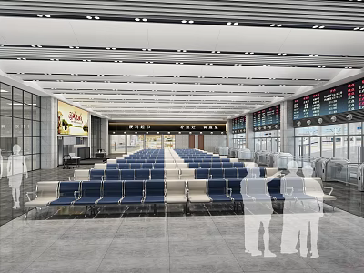 Spacious Modern Station Interior With Blue Seats Information Displays Glass Windows And Ceiling Lights 3d model