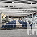 Spacious Modern Station Interior With Blue Seats Information Displays Glass Windows And Ceiling Lights