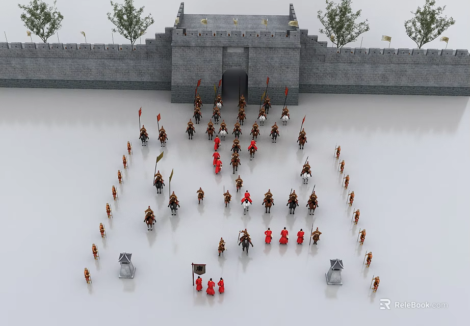 Ancient Soldier Game Movie Characters Forming Circle Near Zhonghua Gate With City Wall And Flags 3d model 