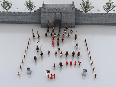 Ancient Soldier Game Movie Characters Forming Circle Near Zhonghua Gate With City Wall And Flags 3d model
