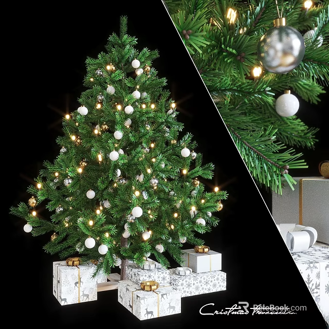 Christmas Tree Wall Decor Featuring Green Foliage White Baubles String Lights And Gift Boxes 3d model