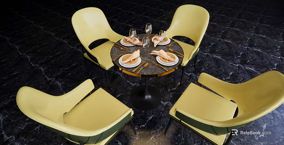 Round Dining Table Set With Four Yellow Chairs And Tableware Place Settings 3d model