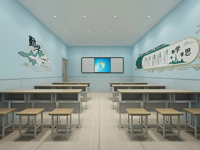 School Classroom Interior With Light Blue Walls Desks Chairs Projection Screen And Wall Decorations 3d model