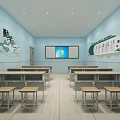 School Classroom Interior With Light Blue Walls Desks Chairs Projection Screen And Wall Decorations
