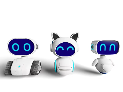Cute Robots With Various Designs Expression Screens Cat Ears And Wheels 3d model