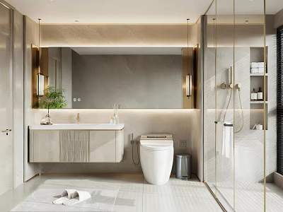 Modern Light Luxury Bathroom With Floating Vanity Smart Toilet And Glass Partition Shower Area 3d model