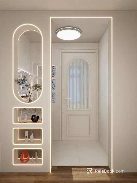 Modern Bathroom With White Door Arched Glass LED Strip Lights Niche And Green Plants 3d model 