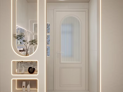 Modern Bathroom With White Door Arched Glass LED Strip Lights Niche And Green Plants 3d model