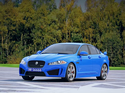 Stylish Blue Jaguar Sedan With Sleek Design And Green Trees Background 3d model
