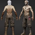 Muscular Shirtless Man In Brown Pants With Sword Accessories