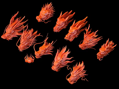 Detailed Red Dragon Head Models In Various Poses On Black Background 3d model