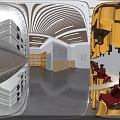 Server Room Interior With Yellow Racks Gray Servers Wooden Ceiling And Metal Shelves