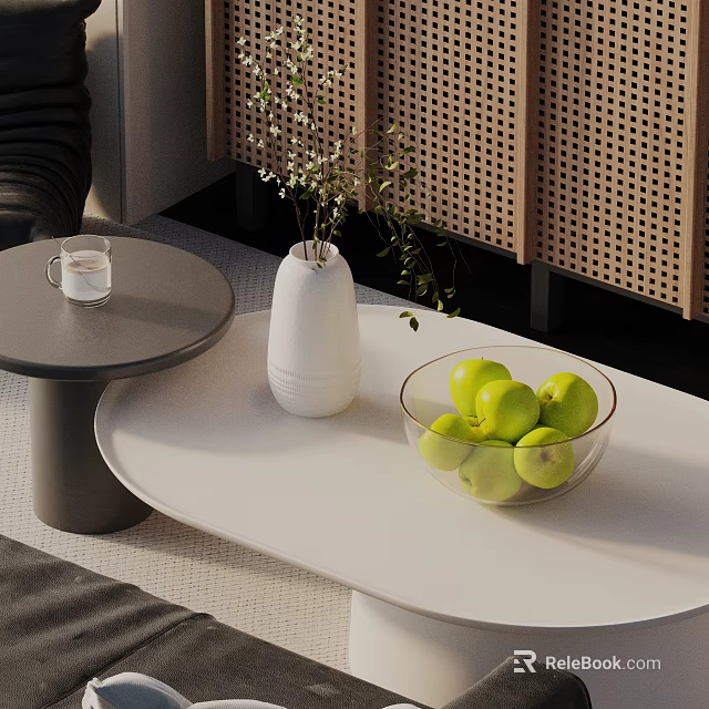 Modern Sofa Coffee Table Set With Glass Bowl Green Apples White Vase And Glass Cup 3d model 