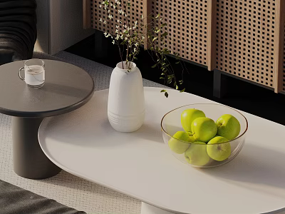 Modern Sofa Coffee Table Set With Glass Bowl Green Apples White Vase And Glass Cup 3d model