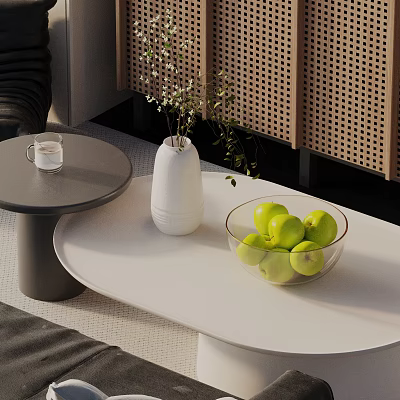 Modern Sofa Coffee Table Set With Glass Bowl Green Apples White Vase And Glass Cup 3d model