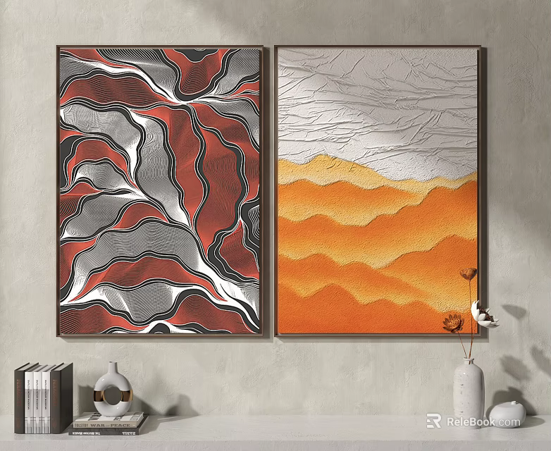 Abstract Decorative Paintings With Red Gray Waves And Orange Mountain Patterns On Wall 3d model