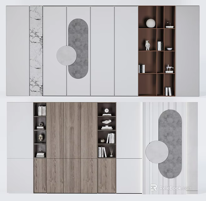 Modern Brown And White Bookcase With Open Shelves And Decorative Objects 3d model