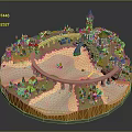 3D Scenic Castle Architecture Model with River Bridge Trees and Small Houses