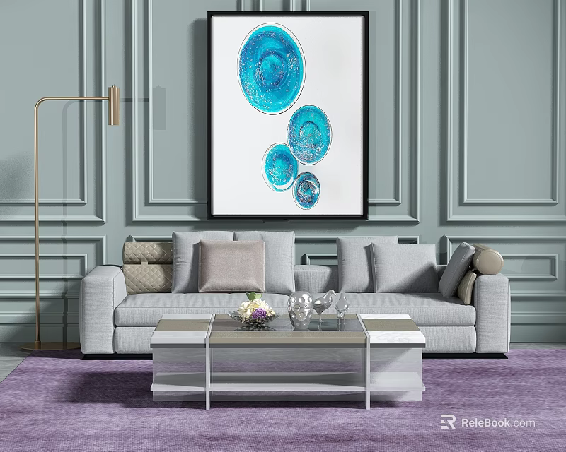 Gray Multi Person Sofa With Pillows Glass Coffee Table Blue Painting Gold Floor Lamp 3d model 