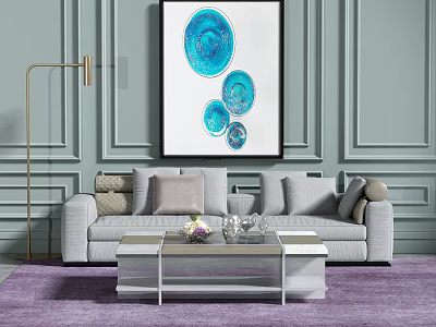 Gray Multi Person Sofa With Pillows Glass Coffee Table Blue Painting Gold Floor Lamp 3d model
