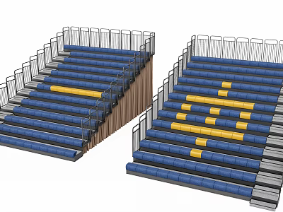 Public Tiered Stadium Chairs In Blue Featuring Yellow Stripes And Railings 3d model